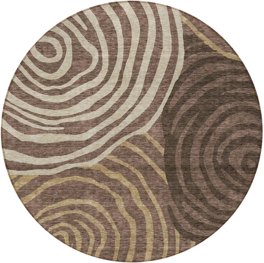 8' Brown And Taupe Round Abstract Washable Indoor Outdoor Area Rug Photo 5