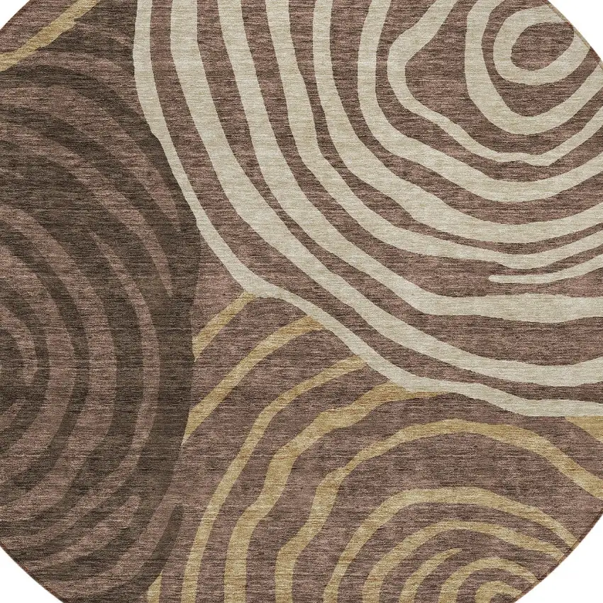 8' Brown And Taupe Round Abstract Washable Indoor Outdoor Area Rug Photo 4