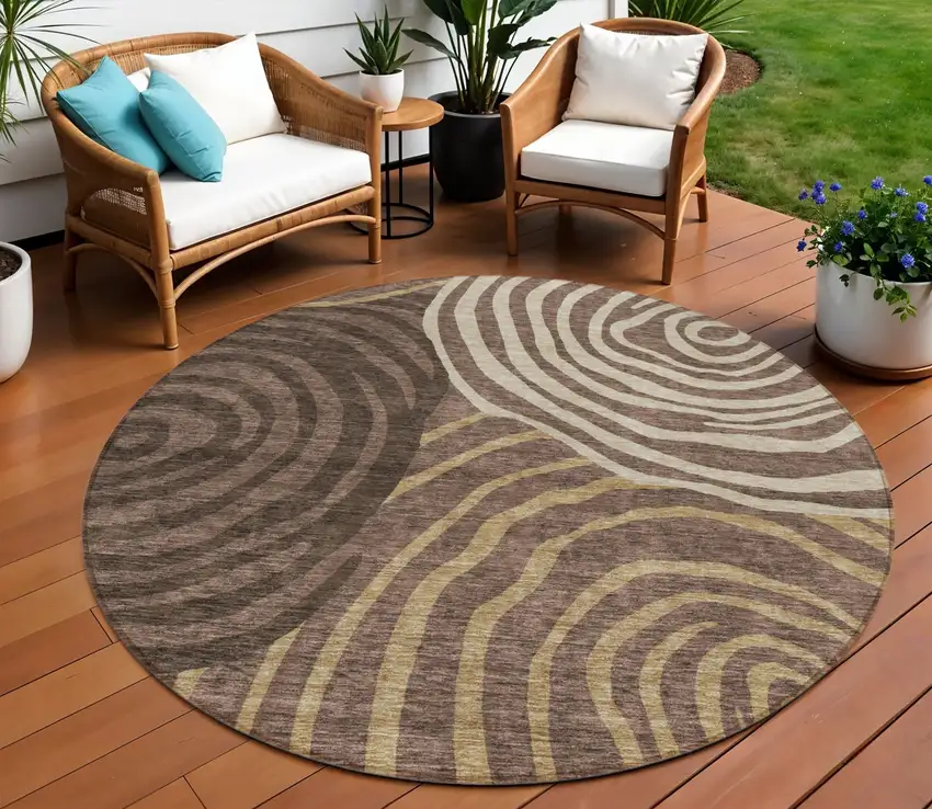 8' Brown And Taupe Round Abstract Washable Indoor Outdoor Area Rug Photo 1
