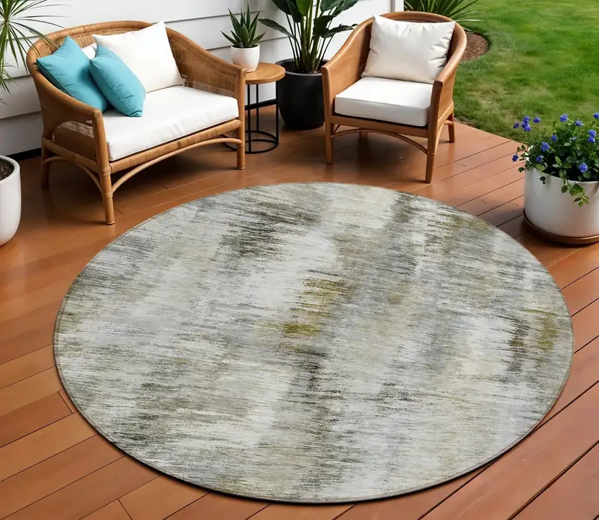 8' Brown And Taupe Round Abstract Washable Indoor Outdoor Area Rug Photo 1