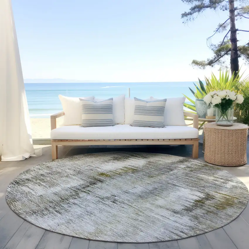 8' Brown And Taupe Round Abstract Washable Indoor Outdoor Area Rug Photo 6