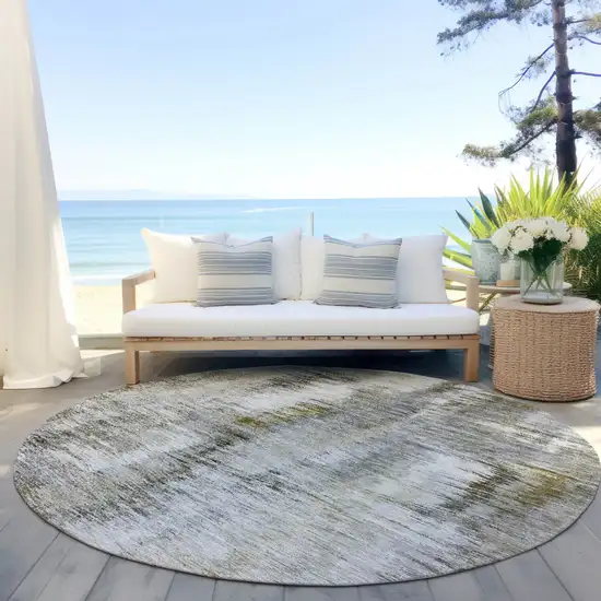 8' Brown And Taupe Round Abstract Washable Indoor Outdoor Area Rug Photo 6