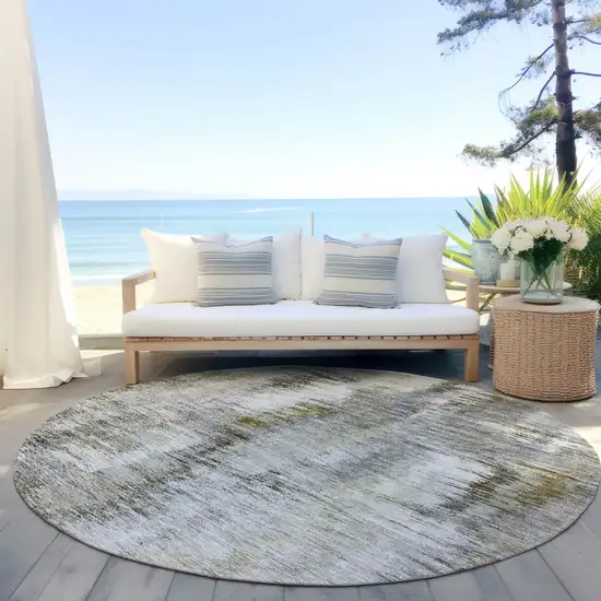 8' Brown And Taupe Round Abstract Washable Indoor Outdoor Area Rug Photo 6