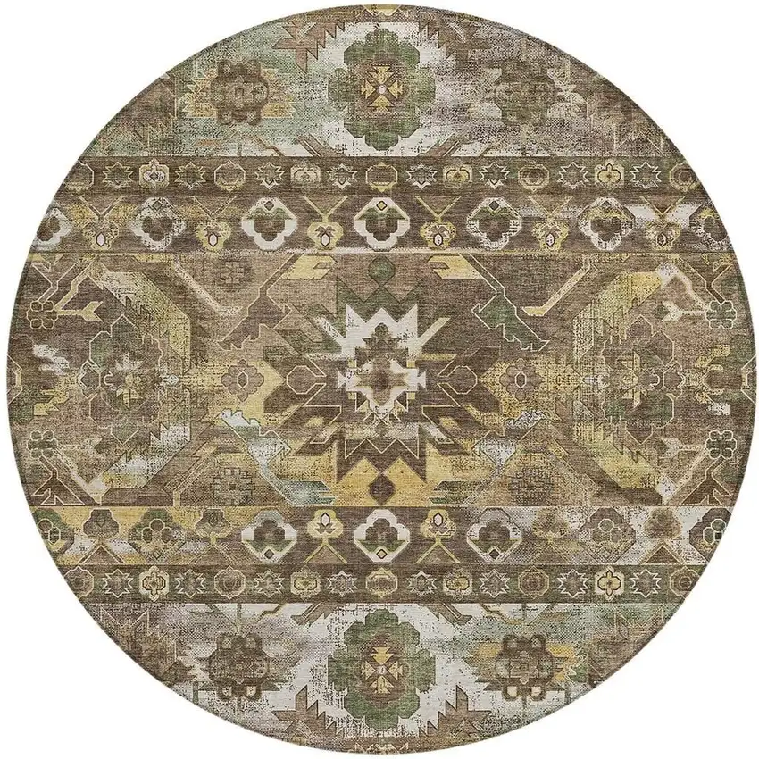 8' Brown And Taupe Round Cactus Washable Indoor Outdoor Area Rug Photo 3