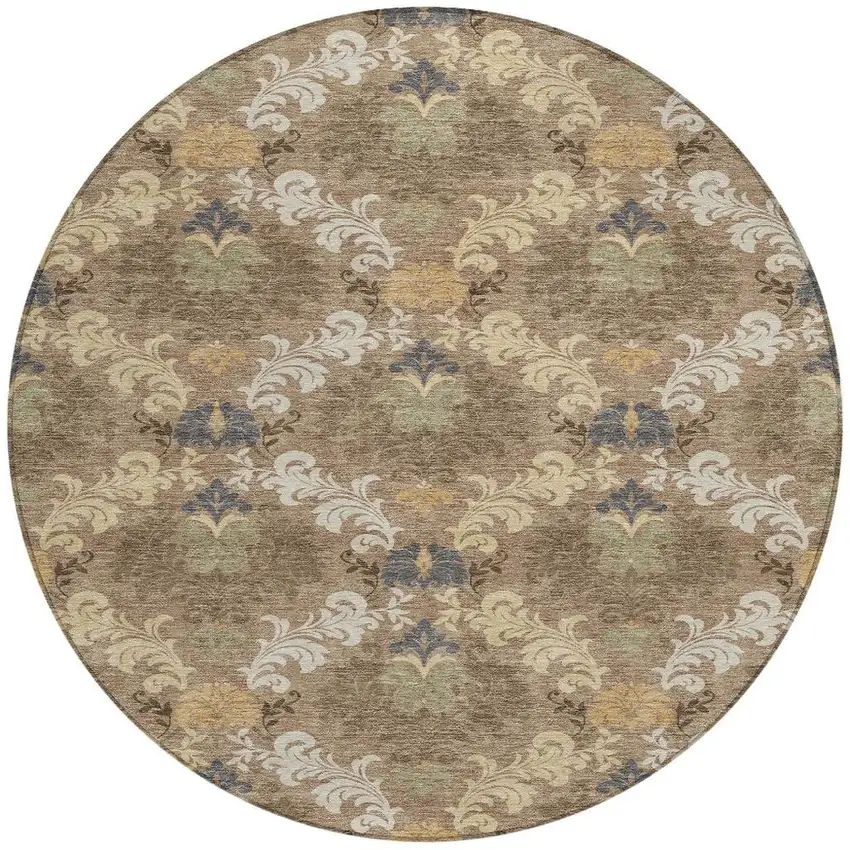 8' Brown And Taupe Round Damask Washable Indoor Outdoor Area Rug Photo 3