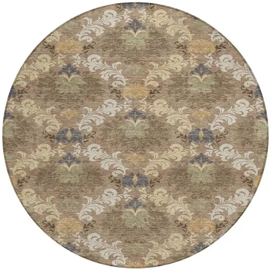 8' Brown And Taupe Round Damask Washable Indoor Outdoor Area Rug Photo 3