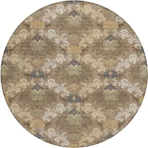 Photo of 8' Brown And Taupe Round Damask Washable Indoor Outdoor Area Rug