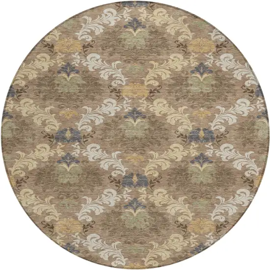 8' Brown And Taupe Round Damask Washable Indoor Outdoor Area Rug Photo 1