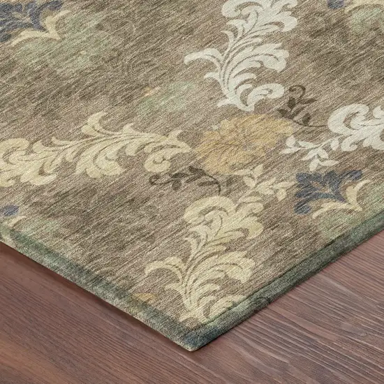 8' Brown And Taupe Round Damask Washable Indoor Outdoor Area Rug Photo 6