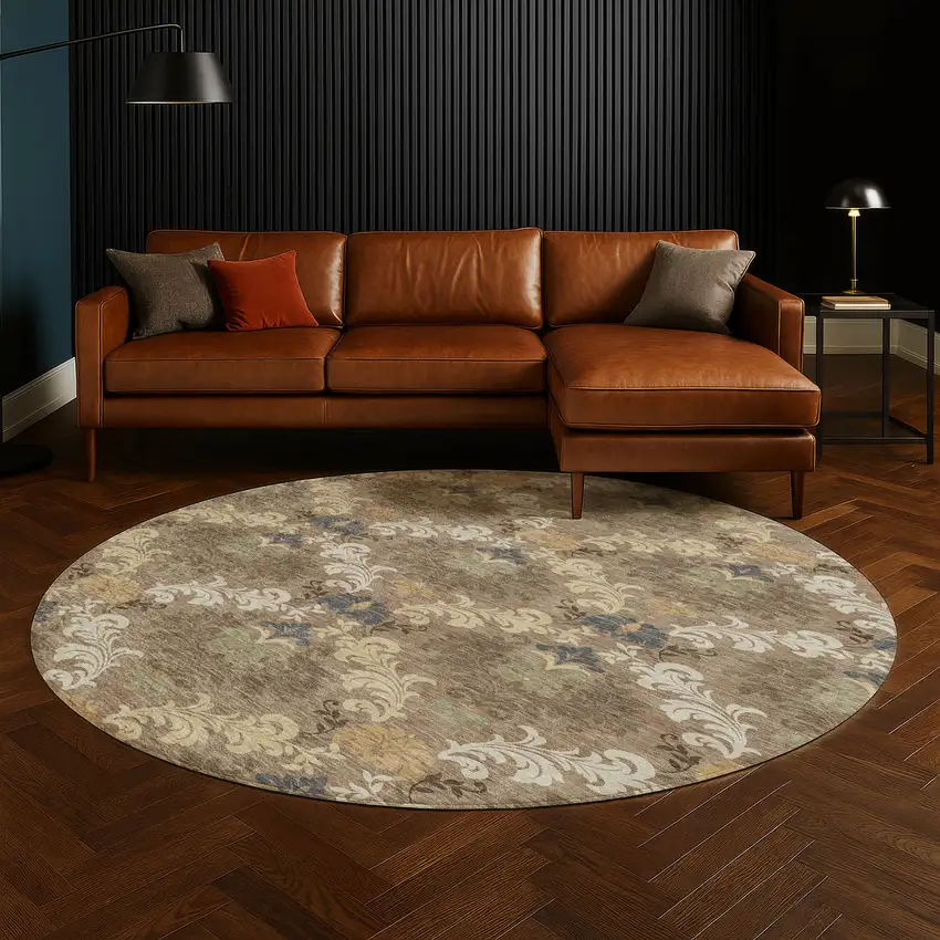 8' Brown And Taupe Round Damask Washable Indoor Outdoor Area Rug Photo 5