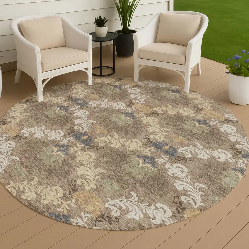 8' Brown And Taupe Round Damask Washable Indoor Outdoor Area Rug Photo 4
