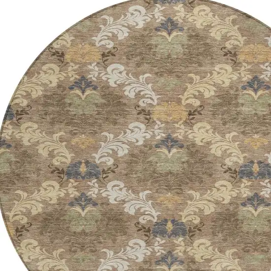 8' Brown And Taupe Round Damask Washable Indoor Outdoor Area Rug Photo 2