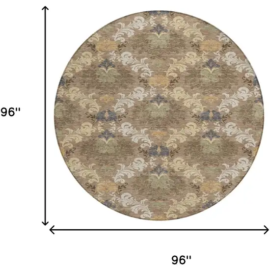 8' Brown And Taupe Round Damask Washable Indoor Outdoor Area Rug Photo 8