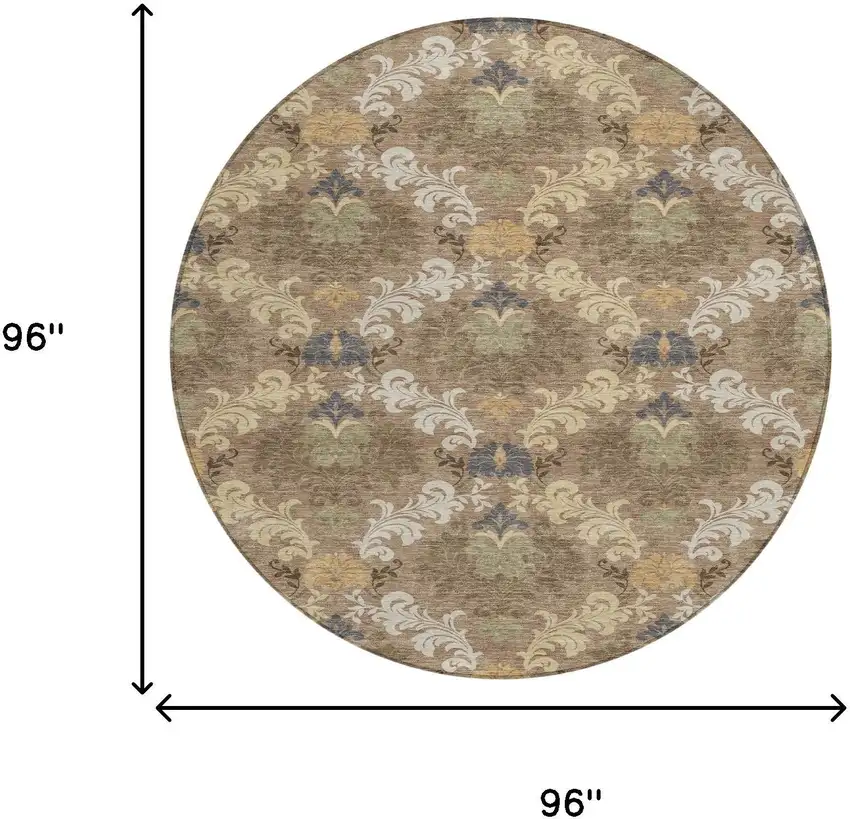 8' Brown And Taupe Round Damask Washable Indoor Outdoor Area Rug Photo 8