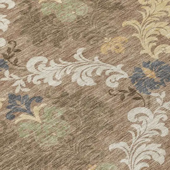 8' Brown And Taupe Round Damask Washable Indoor Outdoor Area Rug Photo 7