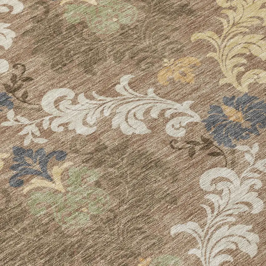 8' Brown And Taupe Round Damask Washable Indoor Outdoor Area Rug Photo 7