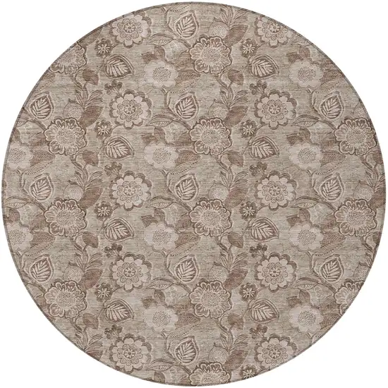 8' Brown And Taupe Round Floral Washable Indoor Outdoor Area Rug Photo 3