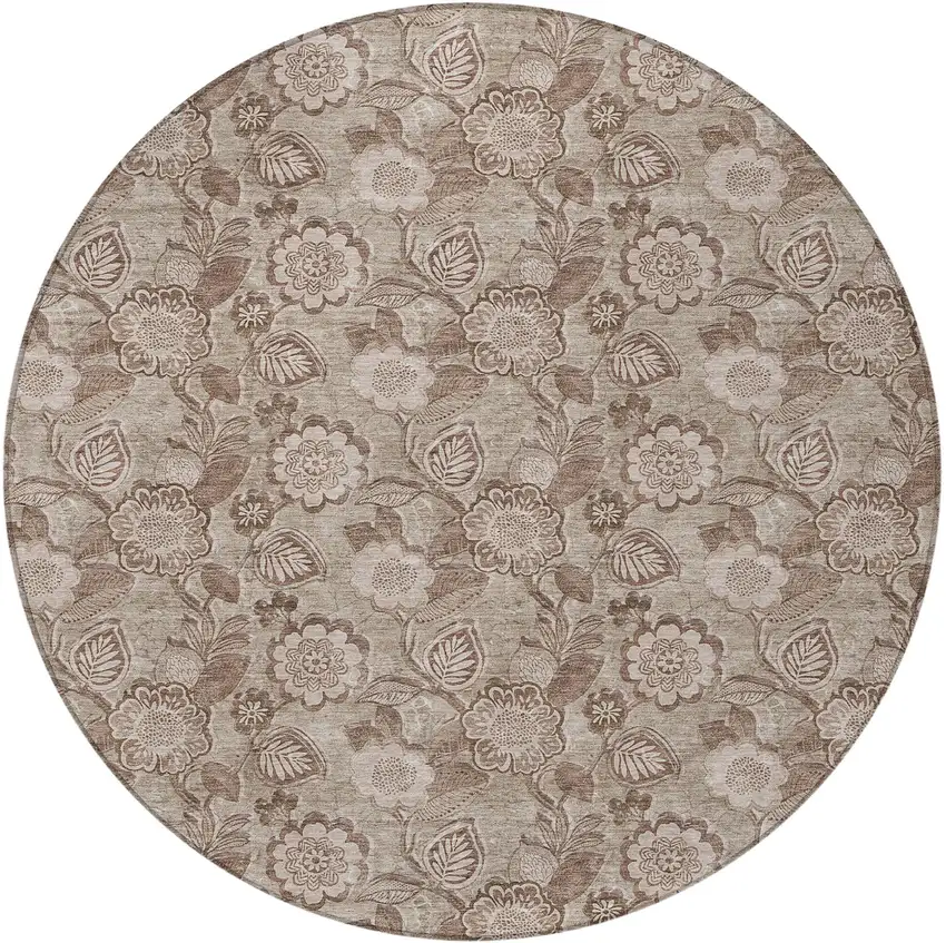 8' Brown And Taupe Round Floral Washable Indoor Outdoor Area Rug Photo 3