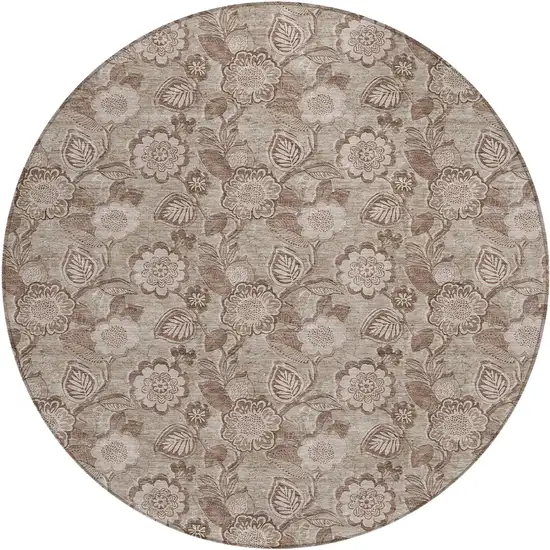8' Brown And Taupe Round Floral Washable Indoor Outdoor Area Rug Photo 1