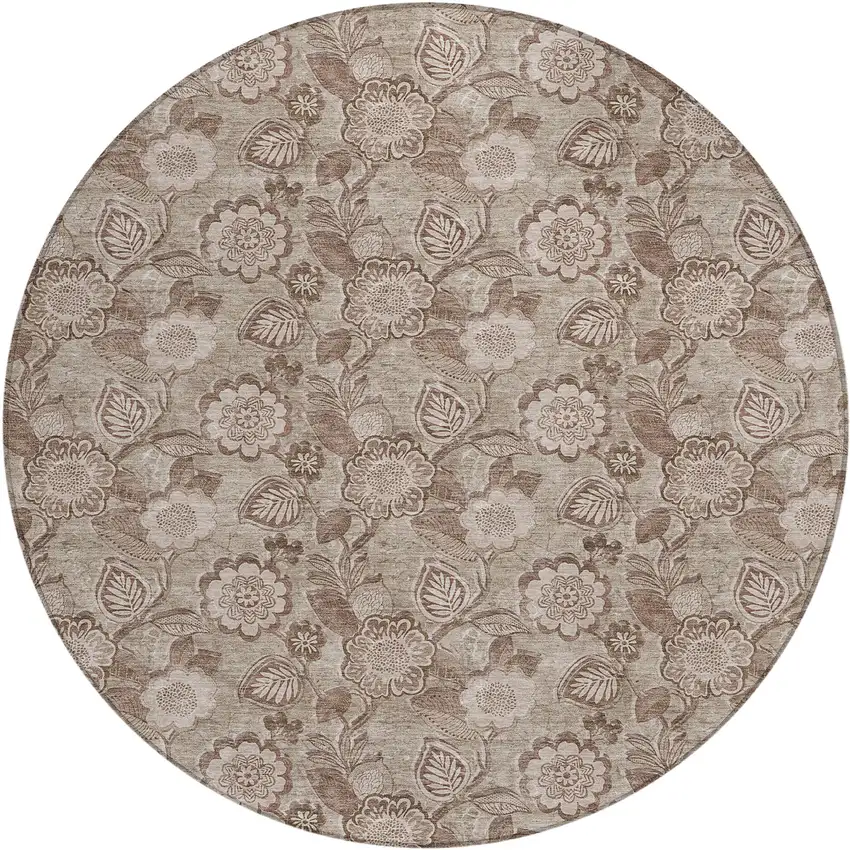 8' Brown And Taupe Round Floral Washable Indoor Outdoor Area Rug Photo 1