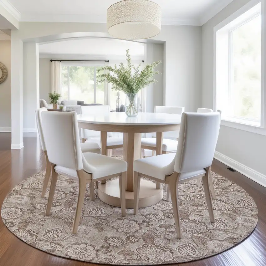 8' Brown And Taupe Round Floral Washable Indoor Outdoor Area Rug Photo 6