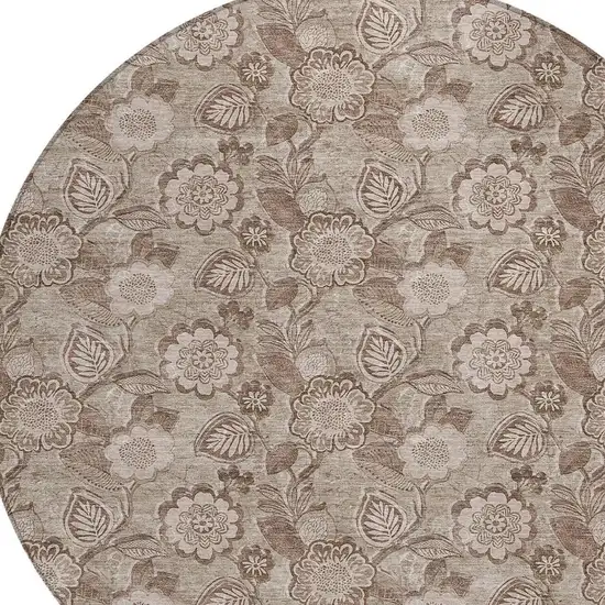8' Brown And Taupe Round Floral Washable Indoor Outdoor Area Rug Photo 8