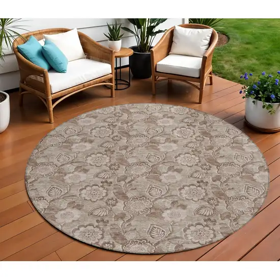 8' Brown And Taupe Round Floral Washable Indoor Outdoor Area Rug Photo 2