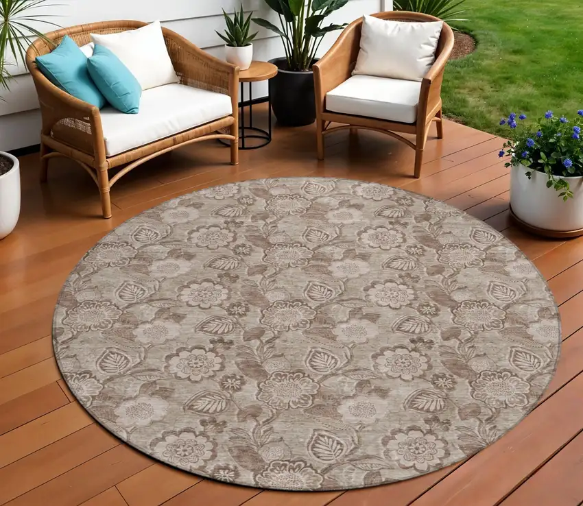 8' Brown And Taupe Round Floral Washable Indoor Outdoor Area Rug Photo 2
