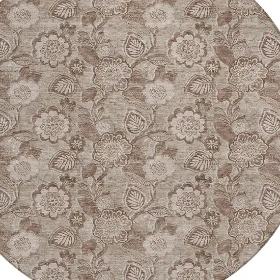 8' Brown And Taupe Round Floral Washable Indoor Outdoor Area Rug Photo 4