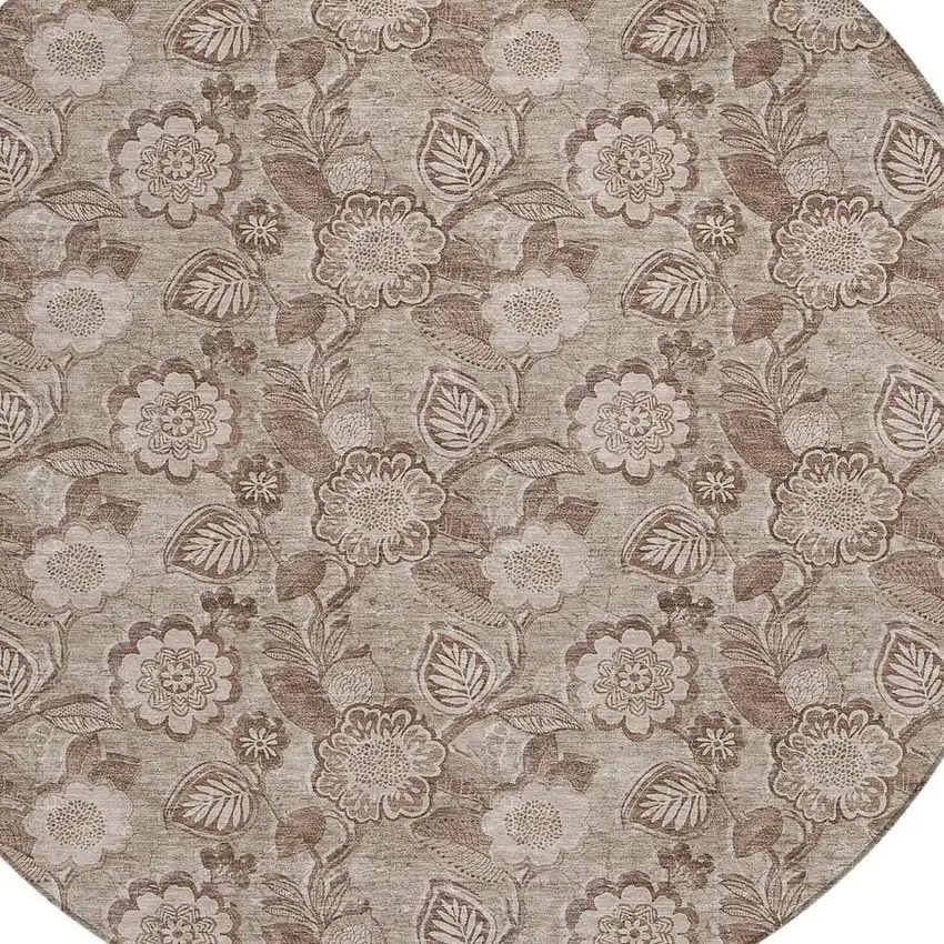 8' Brown And Taupe Round Floral Washable Indoor Outdoor Area Rug Photo 4