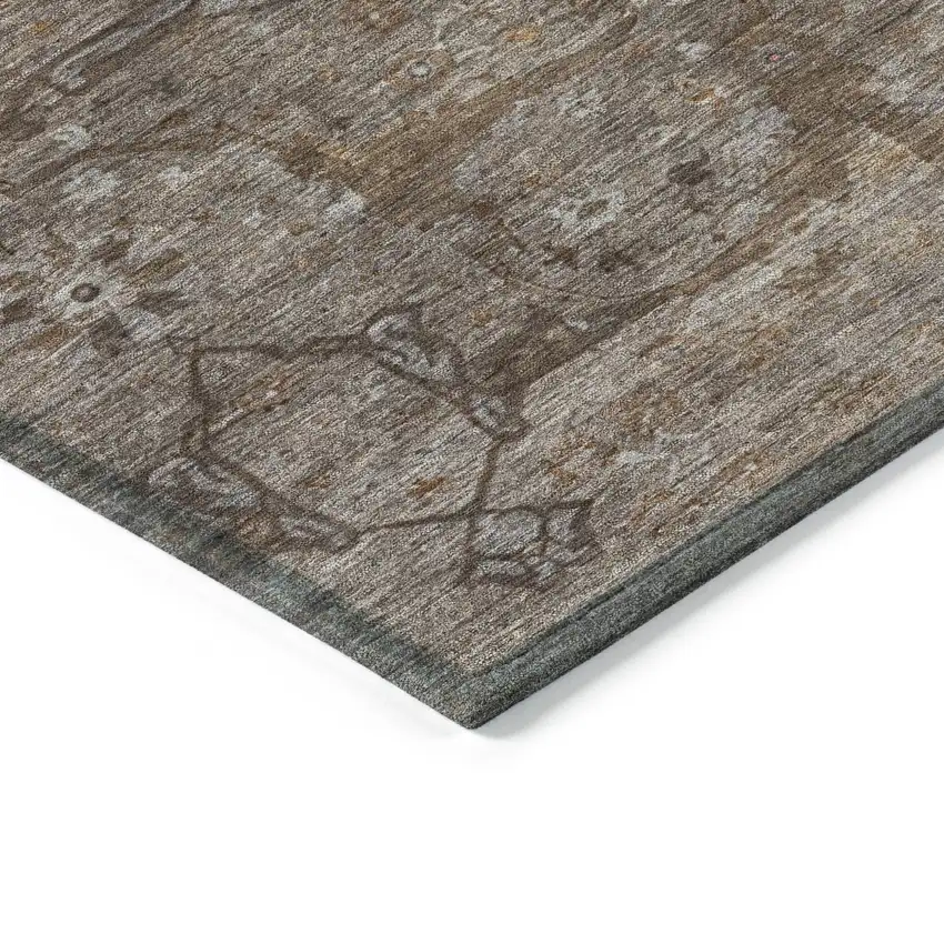 8' Brown And Taupe Round Floral Washable Indoor Outdoor Area Rug Photo 6