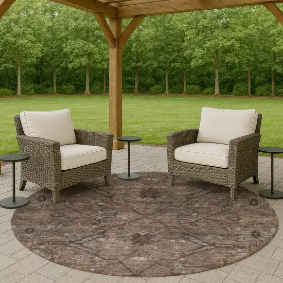 8' Brown And Taupe Round Floral Washable Indoor Outdoor Area Rug Photo 8