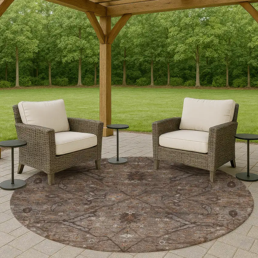 8' Brown And Taupe Round Floral Washable Indoor Outdoor Area Rug Photo 8