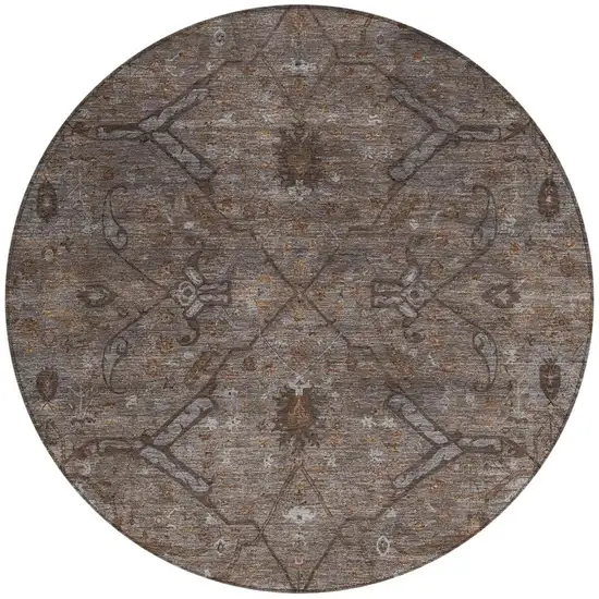 8' Brown And Taupe Round Floral Washable Indoor Outdoor Area Rug Photo 4