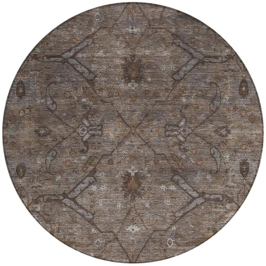 8' Brown And Taupe Round Floral Washable Indoor Outdoor Area Rug Photo 4