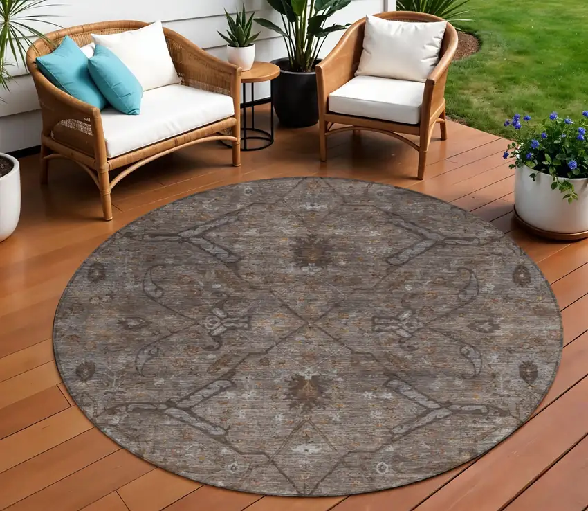 8' Brown And Taupe Round Floral Washable Indoor Outdoor Area Rug Photo 1