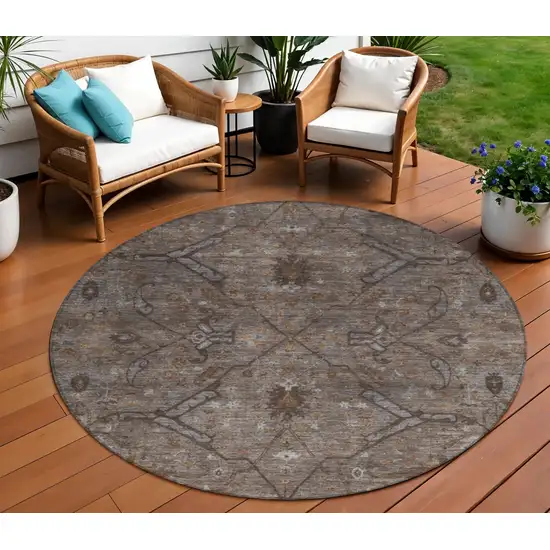 8' Brown And Taupe Round Floral Washable Indoor Outdoor Area Rug Photo 1