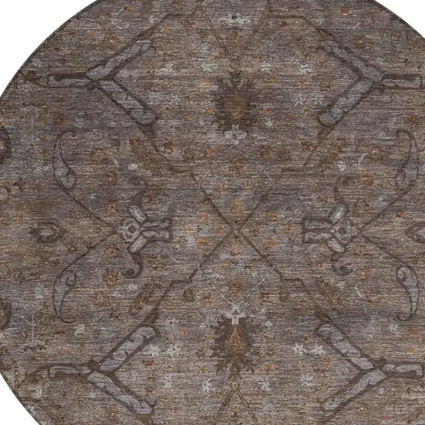 8' Brown And Taupe Round Floral Washable Indoor Outdoor Area Rug Photo 7