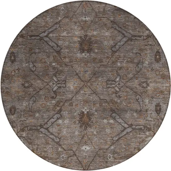 8' Brown And Taupe Round Floral Washable Indoor Outdoor Area Rug Photo 2
