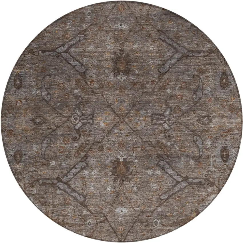 8' Brown And Taupe Round Floral Washable Indoor Outdoor Area Rug Photo 2