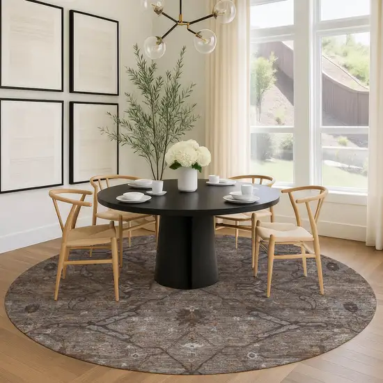 8' Brown And Taupe Round Floral Washable Indoor Outdoor Area Rug Photo 9