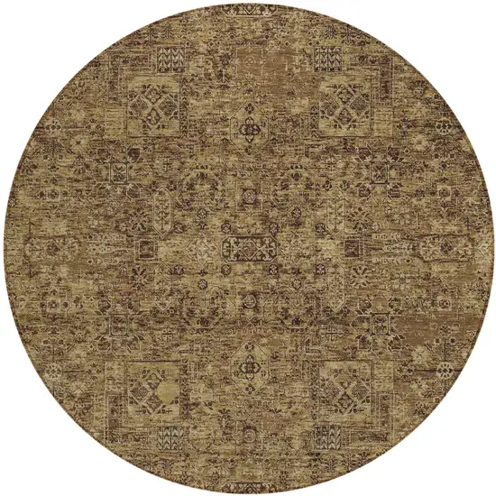 8' Brown And Taupe Round Floral Washable Indoor Outdoor Area Rug Photo 2
