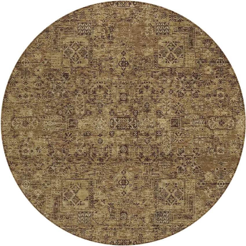8' Brown And Taupe Round Floral Washable Indoor Outdoor Area Rug Photo 2