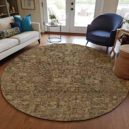 8' Brown And Taupe Round Floral Washable Indoor Outdoor Area Rug Photo 6
