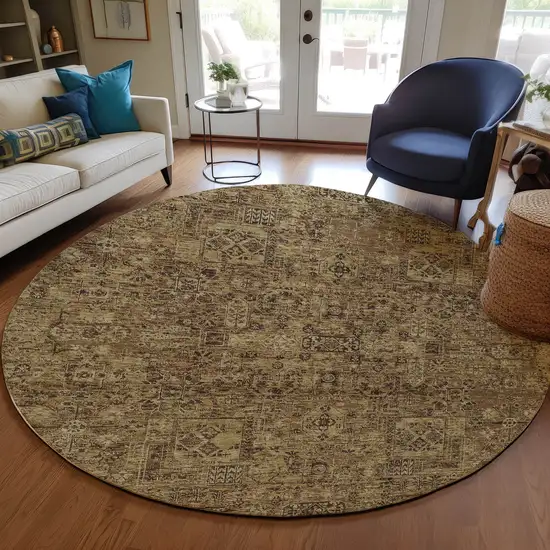 8' Brown And Taupe Round Floral Washable Indoor Outdoor Area Rug Photo 6