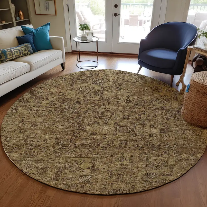 8' Brown And Taupe Round Floral Washable Indoor Outdoor Area Rug Photo 6