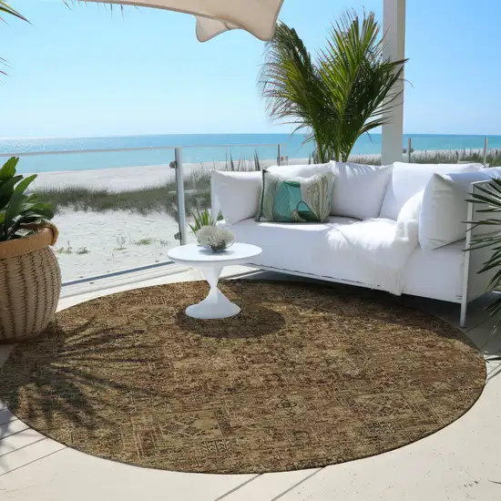 8' Brown And Taupe Round Floral Washable Indoor Outdoor Area Rug Photo 5