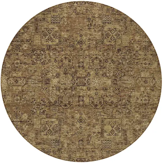 8' Brown And Taupe Round Floral Washable Indoor Outdoor Area Rug Photo 4