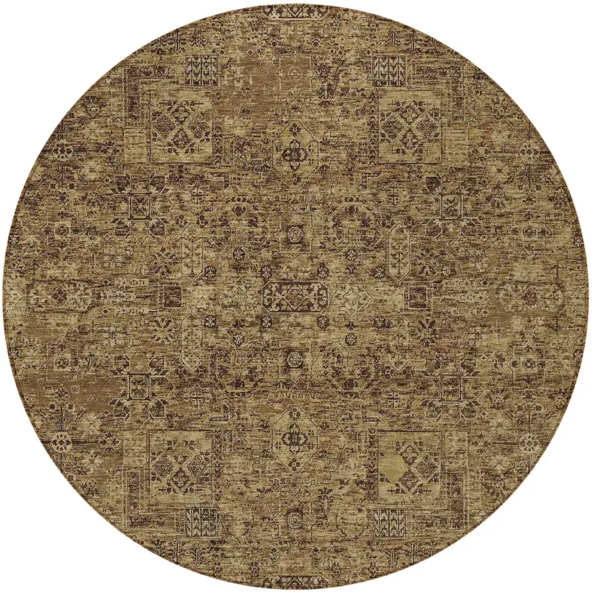 8' Brown And Taupe Round Floral Washable Indoor Outdoor Area Rug Photo 4