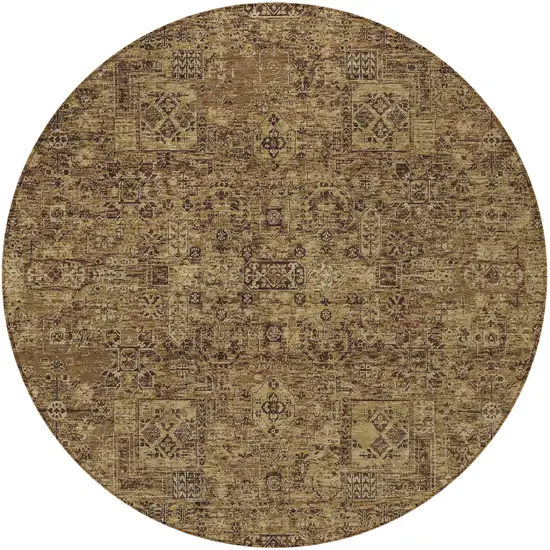 8' Brown And Taupe Round Floral Washable Indoor Outdoor Area Rug Photo 4